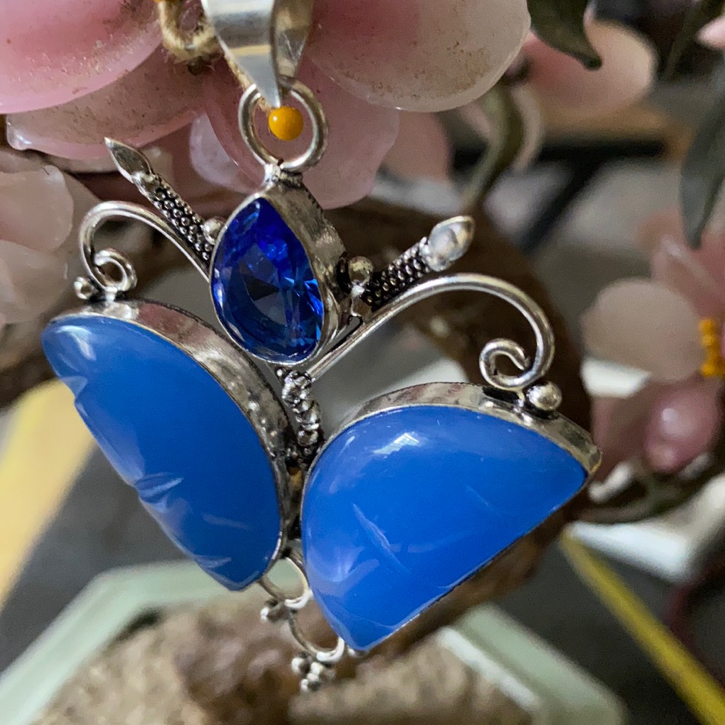 Vintage 925 Chalcedony & Blue Topaz Dragonfly Pendent